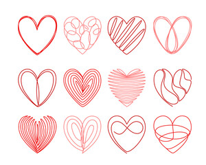 A set of hearts on a white background. Line art. Vector.
