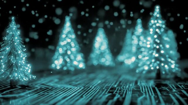 Glowing blue digital Christmas trees on a circuit board