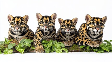 Naklejka premium Four clouded leopard cubs posing on a log with green plants.