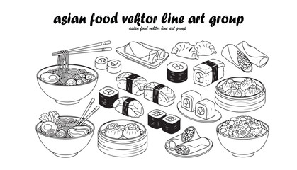 A black and white line art illustration showcasing various Asian food dishes, including sushi and noodles.