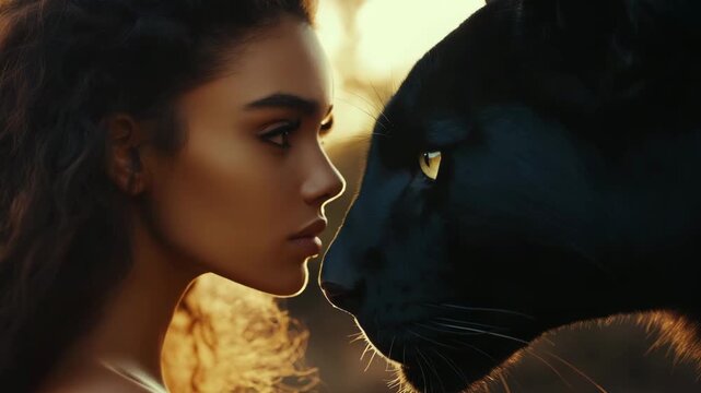 A woman connects with a black panther as golden light envelops their faces in a serene outdoor environment