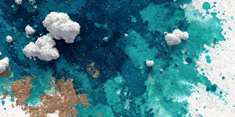 Abstract Watercolor Texture Background Blue Green Gold Splashes 3D Clouds