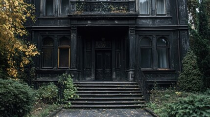 Aged building entrance with foliage