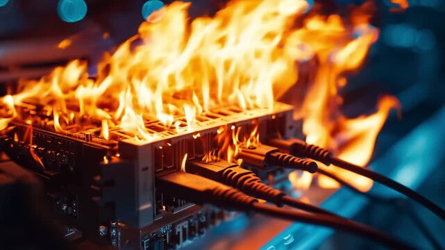 A computer motherboard on fire with ethernet cables on it
