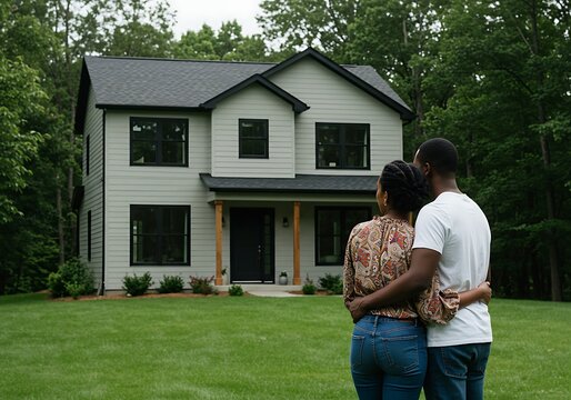 Couple Hugging and Looking at Their New Home. Generative Ai