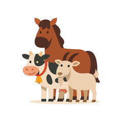 Cute Farm Animals Vector Illustration, Horse Cow and Goat