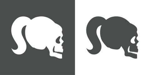 Símbolo pirata. Logo con vista lateral de calavera humana con pelos recogidos en una coleta para felicitaciones y tarjetas de Halloween
