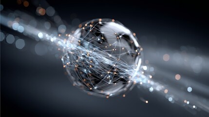 An abstract sphere with interconnected lines and dots representing a digital data network in a modern and futuristic context.