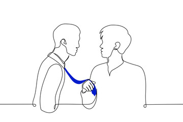 man holds another by the tie - one line art vector. friendly gesture or showing dominance to a violent one, a way to pull someone closer, get their attention, or adjust their tie, Gesture of closeness