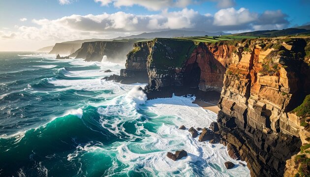 Dramatic coastal cliffs meet the ocean with crashing waves and sunlight.