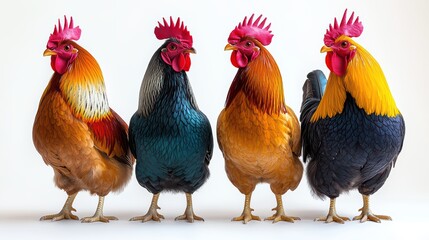 Fototapeta premium Four colorful roosters standing in a row against a white background.
