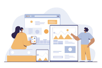 Fototapeta premium Diverse devices displaying data analytics a vector illustration for responsive design showcasing business intelligence and user interface elements