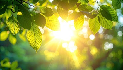 Sunlight filters through vibrant green leaves creating a bokeh effect in a natural outdoor setting