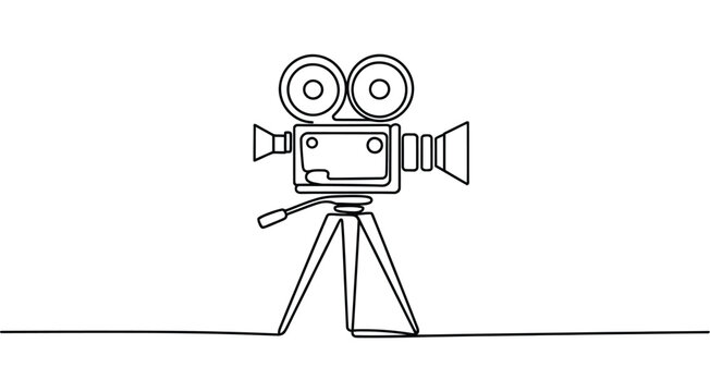 Minimalist line drawing of vintage film camera on tripod, elegant silhouette symbolizing filmmaking, video production, and media arts
