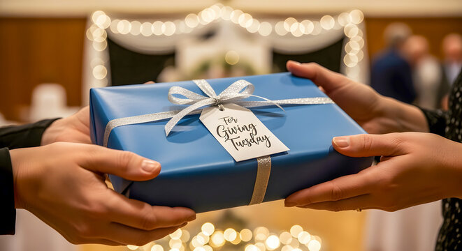 Joyfully giving a blue gift box with 'For Giving Tuesday' tag, symbolizing generosity and community spirit during festive season