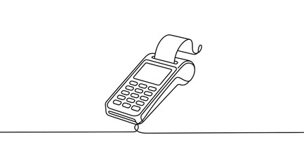 Minimalist line drawing of POS terminal with keypad, screen, and curling receipt, modern silhouette for retail, payment, or commerce themes