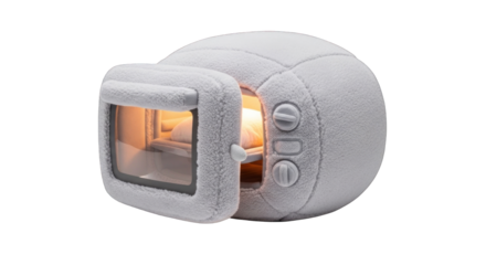 Modern Microwave Oven with Open Door and Interior Light on White Background.