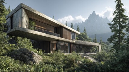 Modern Architectural Masterpiece Nestled Amidst Lush Forest and Majestic Mountain Peaks.