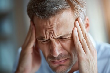 Man experiencing a headache in the office, feeling pain and stress, possibly indicating a need for a break or an adjustment in workload or work environment, Generative AI