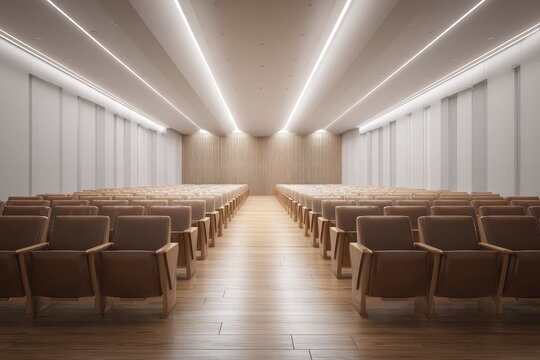 Modern Auditorium with Rows of Empty Seats and Dramatic Uplighting.