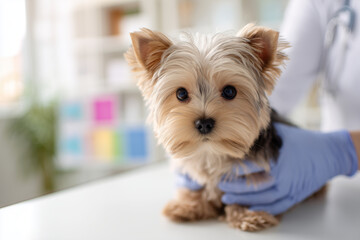 Adorable Yorkshire Terrier Puppy at the Vet: Close-Up Portrait of a Tiny Yorkie Receiving a Checkup in a Veterinary Clinic with Gloved Hands