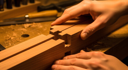 A carpenter's hands carefully fit together an intricate and precise Japanese-style wood joint in a woodworking workshop