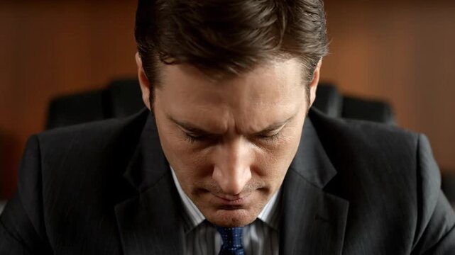 A closeup of a man in a suit head bowed