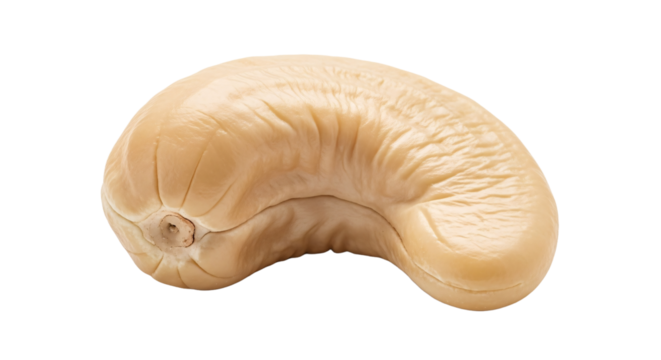 A close-up of a split cashew nut with light brown tones and darker spots, that highlights its texture and natural form
