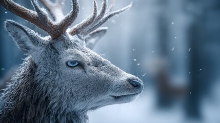 Fototapeta premium A close-up of a deer with antlers covered in snow, set against a blurred winter forest background.