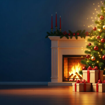 Cozy Christmas background featuring warmly lit fireplace, decorated Christmas tree with glowing lights, and neatly wrapped gifts placed on wooden floor, creating festive atmosphere