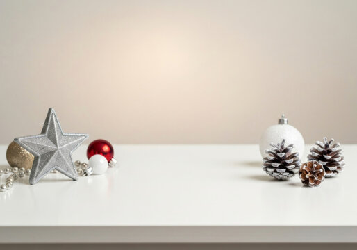 Festive Christmas background with empty space featuring white table adorned with silver and red ornaments, pinecones, and silver star, creating cozy holiday atmosphere