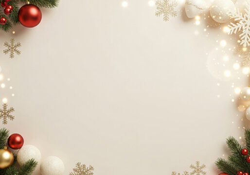 Festive Christmas background with empty space surrounded by red and gold ornaments, snowflakes, and green pine branches, creating warm and joyful holiday atmosphere