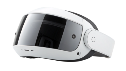 Modern white virtual reality headset with reflective visor isolated on transparent background