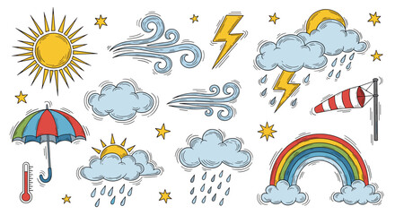 A vibrant collection of hand-drawn weather icons illustrating diverse atmospheric conditions and natural phenomena.
