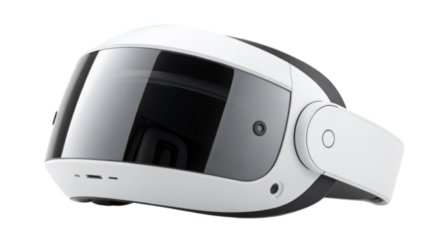 Modern white virtual reality headset with reflective visor isolated on transparent background