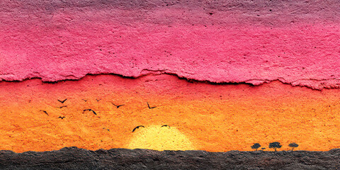 Abstract Sunset Landscape Pink Sky Orange Horizon Silhouettes Birds Flying Texture