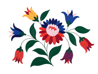 Bold Hungarian Kalocsa Embroidery Style: Featuring red, blue, and yellow blossoms.
