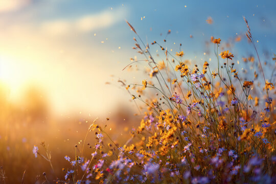 Golden Hour Wildflowers in Bloom: Sunlit Meadow of Orange and Purple Blossoms with Soft Bokeh and Warm Backlit Glow