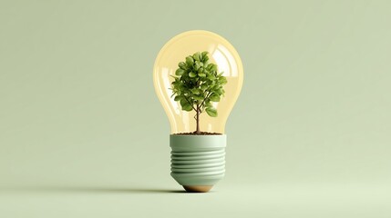 A light bulb with a small green tree growing inside. The bulb is placed on a soft green background, symbolizing sustainability and eco-friendliness.