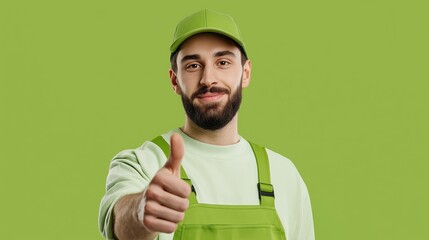 Young Caucasian man with a beard wearing a green cap and overalls gives a thumbs up against a green background. He appears friendly and approachable.