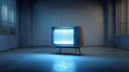 An old - fashioned vintage television set with a glowing screen placed in an empty room, showing a nostalgic retro tech scene.