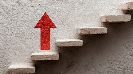 A close-up view of a staircase with textured white steps. A red arrow is painted on the wall, indicating upward direction. The scene conveys a sense of movement and progress.