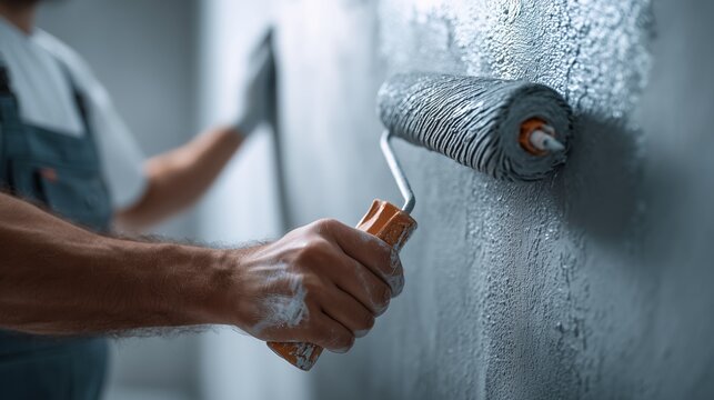 A close-up of a man's hand painting a wall with a roller. The wall is partially coated with gray paint. The man wears gloves and a blue shirt.