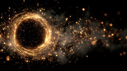 A swirling golden vortex with sparkling particles against a black background. The scene conveys a sense of energy and movement, resembling cosmic phenomena.