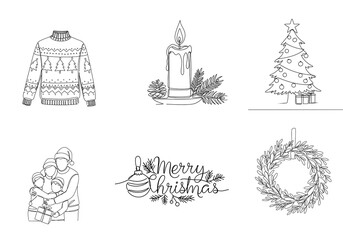 Christmas-themed line art styled illustrations of sweater, candle, tree, family, wreath and 'Merry Christmas' text