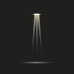 Realistic spotlight beam shining in darkness with soft light rays and glowing reflection on black background, perfect for stage design, theater lighting, product presentation, or dramatic scene effect
