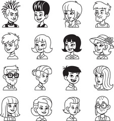 A diverse collection of sixteen black and white cartoon character headshots and avatars in a line art style.