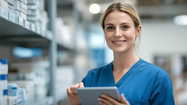 female staff member replenishing emergency cart guided by smart checklist tablet soft ping proactive readiness three quarter wide angle cinematic color correction gentle