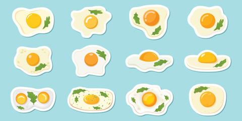 Fried egg sticker icon set in flat style. Omelet vector illustration on isolated background. Healthy food sign business concept.