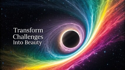 Black hole and rainbow nebula with text